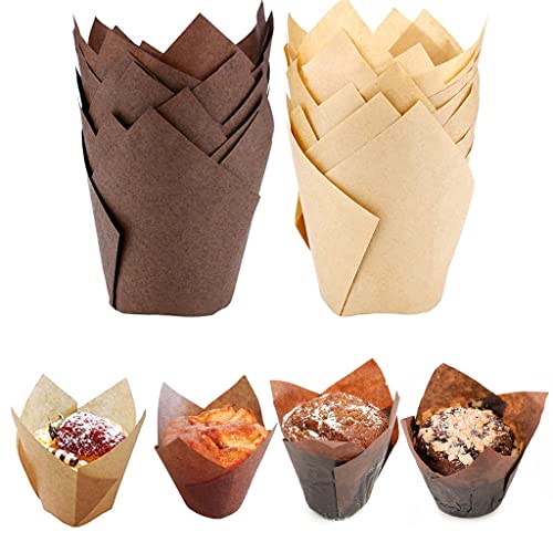 Supvox® 100Pcs Cupcake Liner, 5cm Diameter Tulip Cupcake Paper Cups, Food Grade Greaseproof Paper Baking Cups Muffin Liners Holders for Baking Weddings, Birthdays, Baby Showers, Brown & Beige - Image 1
