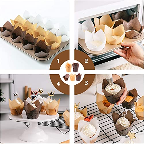 Supvox® 100Pcs Cupcake Liner, 5cm Diameter Tulip Cupcake Paper Cups, Food Grade Greaseproof Paper Baking Cups Muffin Liners Holders for Baking Weddings, Birthdays, Baby Showers, Brown & Beige - Image 5