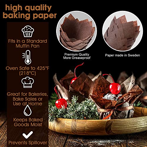 Supvox® 100Pcs Cupcake Liner, 5cm Diameter Tulip Cupcake Paper Cups, Food Grade Greaseproof Paper Baking Cups Muffin Liners Holders for Baking Weddings, Birthdays, Baby Showers, Brown & Beige - Image 4