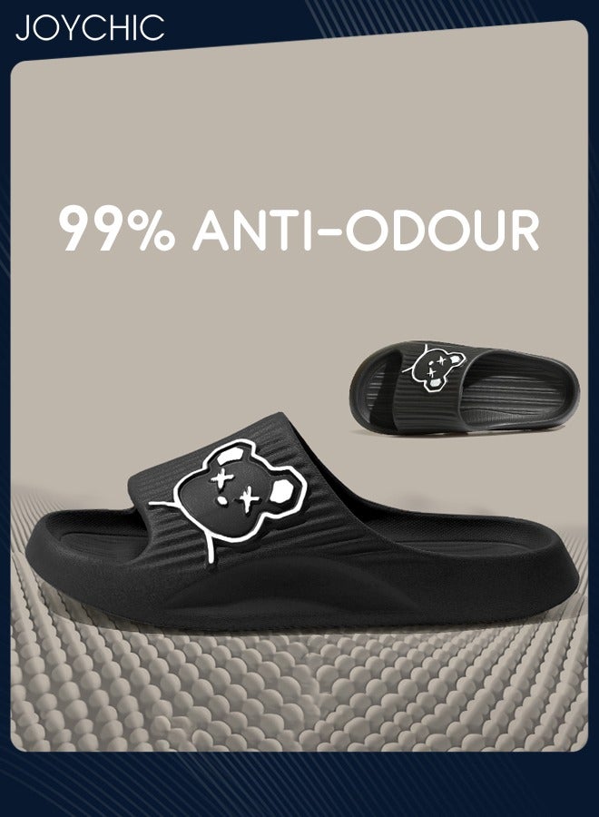 Joychic جميل الكرتون الدب نمط الربيع والصيف عدم الانزلاق مقاومة للاهتراء حمام المنزل النعال التجفيف السريع وتنفس مع مرونة عالية للنساء الرجال زوجين أسود - Image 3