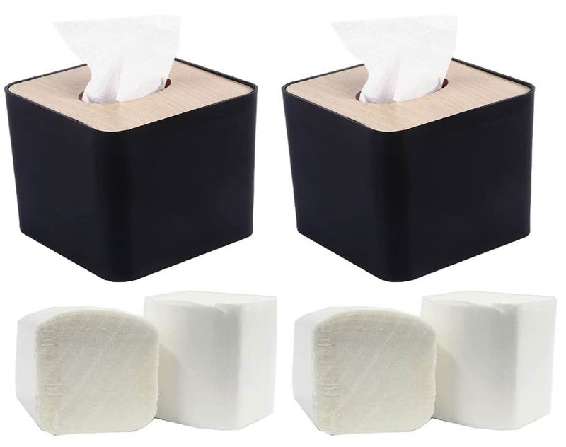 MDN Mist Square Wooden Top Facial Tissue Dispenser and Holder for Bathroom Vanity Countertops Bedroom Dressers Night Stands Desks Tables - Set of 2 (Black) - Image 1