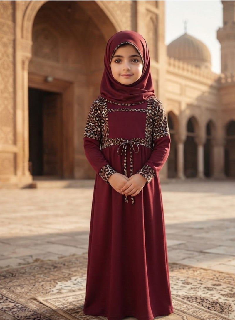 Girls / Teens One-Piece Islamic Prayer Dress Abaya with Attached Hijab and Waist Drawstring Leopard Print Chest Panel - Burgundy Maroon and Brown Leopard