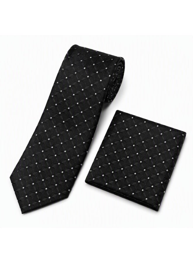 Men’s Black Textured Necktie with Matching Pocket Square – 2-Piece Formal Set - Image 2