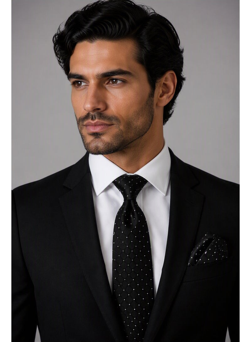 Men’s Black Textured Necktie with Matching Pocket Square – 2-Piece Formal Set - Image 5