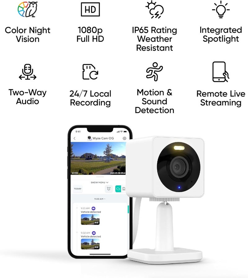 وايز كاميرا Cam OG الداخلية/الخارجية بدقة 1080p مع تقنية Wi-Fi للبيت الذكي، مع رؤية ليلية ملونة، كشاف مدمج، كشف الحركة، صوت ثنائي الاتجاه، متوافقة مع Alexa و Google، لون أبيض، إعداد خبير مجاني - Image 2