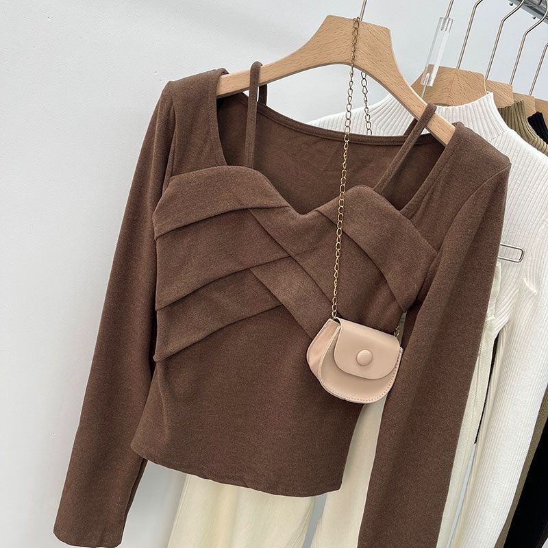 Stitching Square Collar Velvet Warm Bottoming T-Shirt New Long Sleeve Winter Solid Color Top Design Slim Ins - Image 5