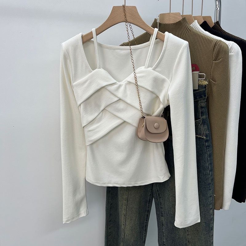 Stitching Square Collar Velvet Warm Bottoming T-Shirt New Long Sleeve Winter Solid Color Top Design Slim Ins - Image 3