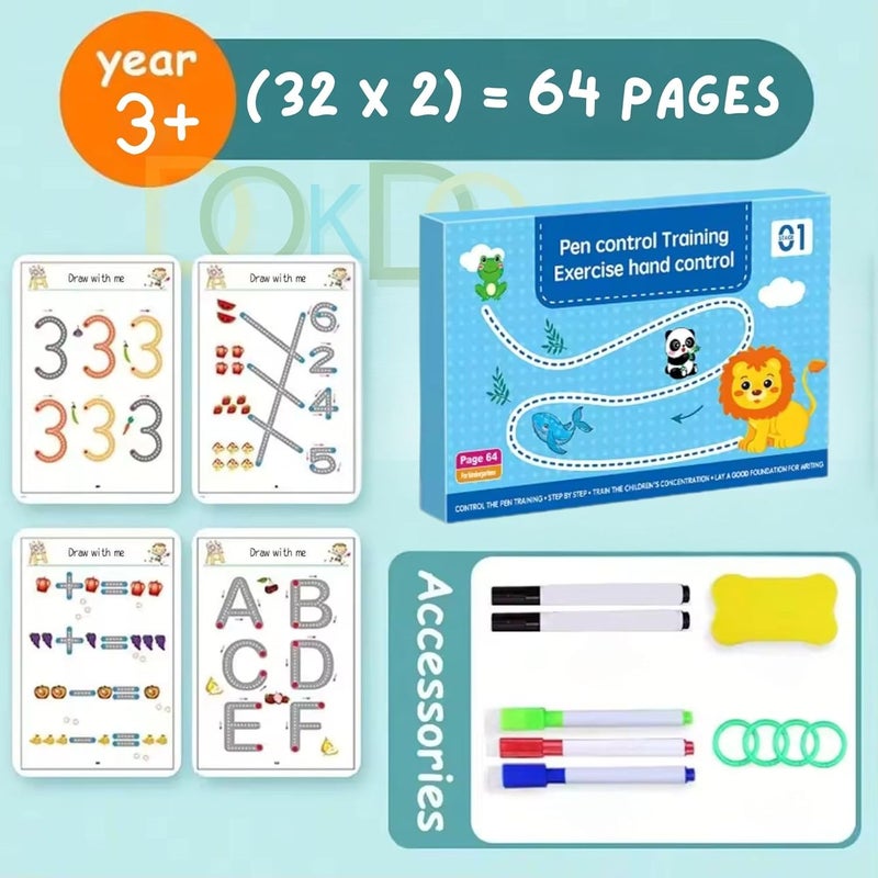 DOKDO 64 Pages Magical Tracing Workbook Set – Handwriting Practice for Alphabets & Numbers, Reusable Preschool Learning Book for Kids, Educational Pen Control Training,(Multicolor) (1) - Image 4