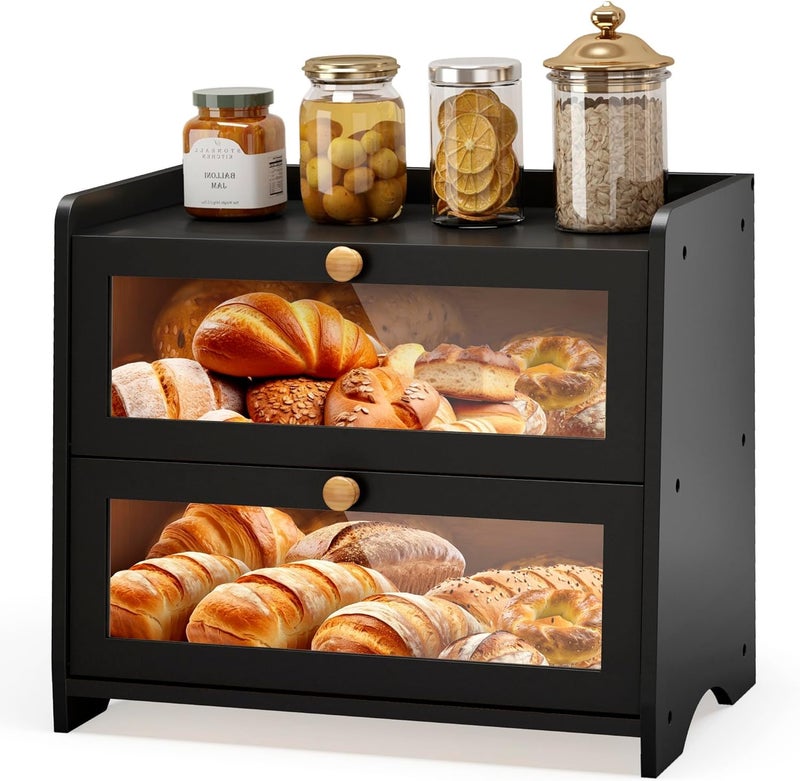 JANSNIMEN Large Bread Box for Kitchen Countertop, Double Layer Breadbox Bread Container Storage with Acrylic Door, Wooden Farmhouse Bread Holder (Black, Large-16.54" L x 9.84" W x 14.96" H) - Image 1