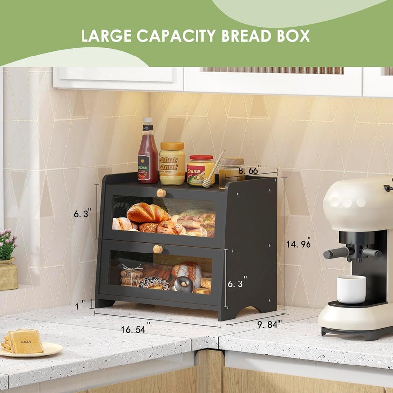 JANSNIMEN Large Bread Box for Kitchen Countertop, Double Layer Breadbox Bread Container Storage with Acrylic Door, Wooden Farmhouse Bread Holder (Black, Large-16.54" L x 9.84" W x 14.96" H) - Image 2