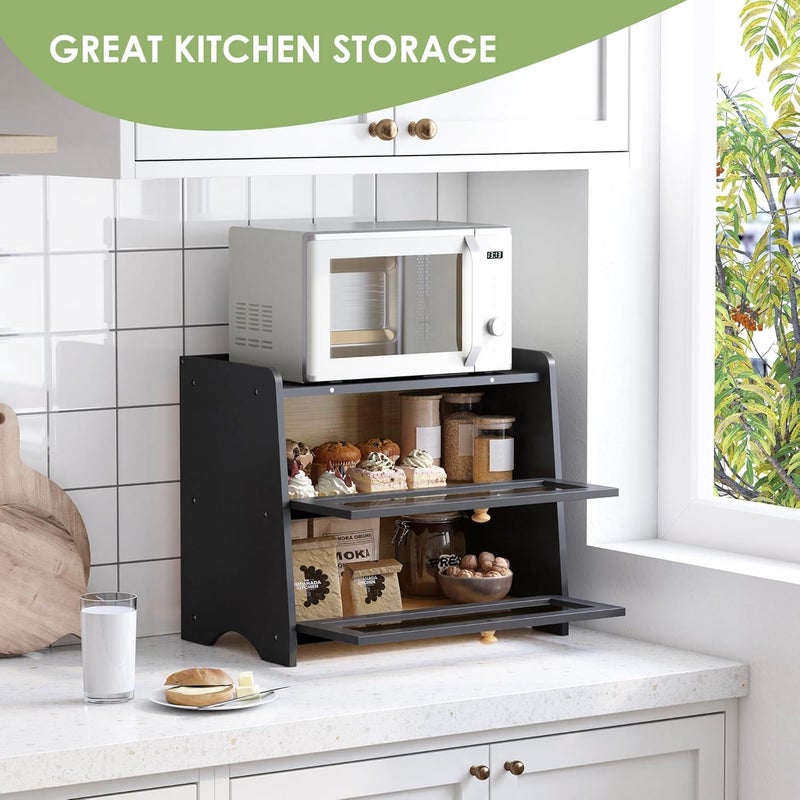 JANSNIMEN Large Bread Box for Kitchen Countertop, Double Layer Breadbox Bread Container Storage with Acrylic Door, Wooden Farmhouse Bread Holder (Black, Large-16.54" L x 9.84" W x 14.96" H) - Image 5