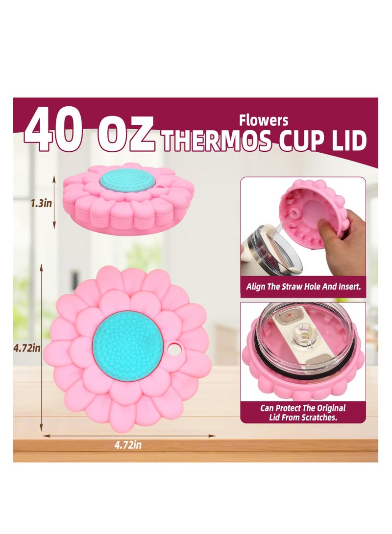 Excefore Flower Silicone Cover for Stanley Cup 40 Oz, Dustproof Scratch Lid Case, Reusable Cute Flower Protective Straw Cover, Accessories decoration Cover for Stanley Cup, Pink Flower - Image 3