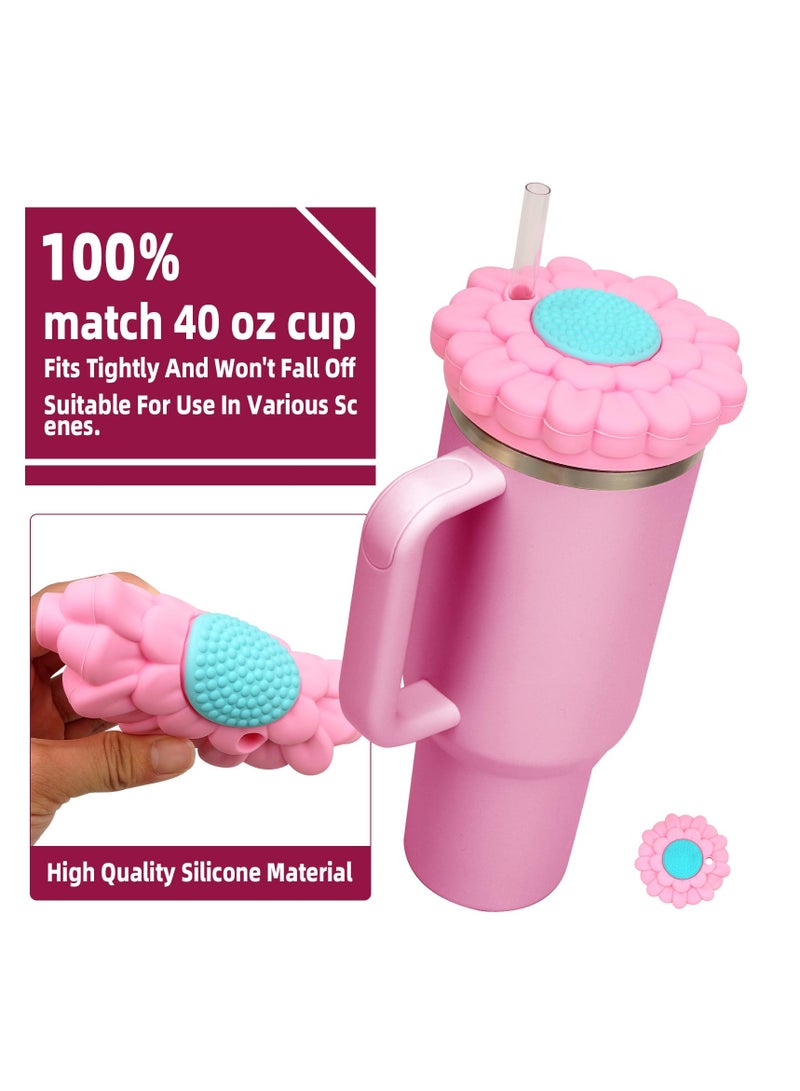 Excefore Flower Silicone Cover for Stanley Cup 40 Oz, Dustproof Scratch Lid Case, Reusable Cute Flower Protective Straw Cover, Accessories decoration Cover for Stanley Cup, Pink Flower - Image 2
