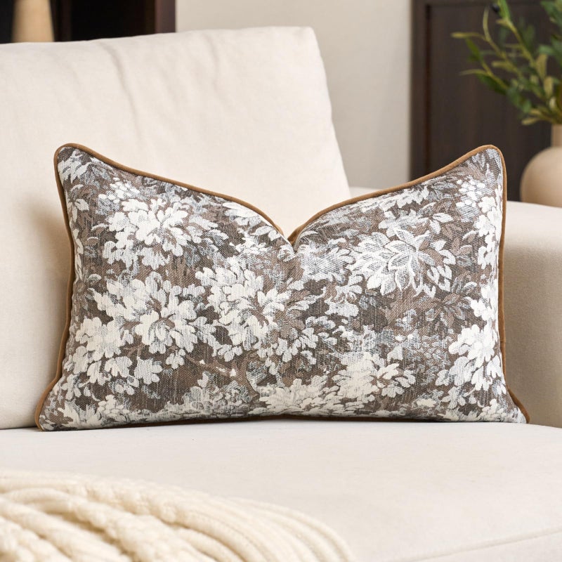 Alerfa Brown Neutral Floral Pillow Cover 12 x 20 Inch, Vintage Chenille Rectangle Couch Pillow Cover Soft Decorative Farmhouse Accent Pillowcase for Living Room Bedroom - Image 1
