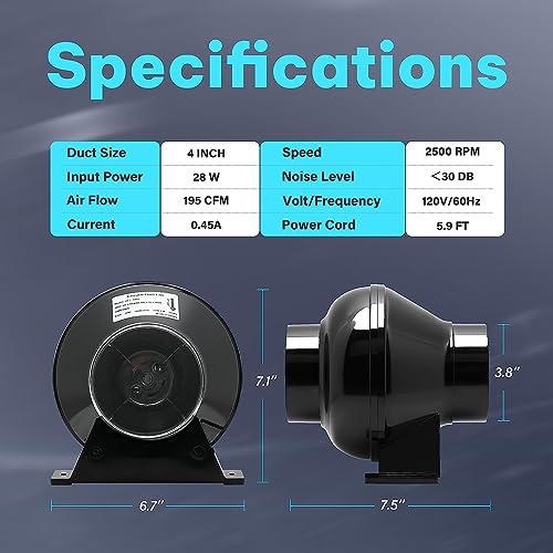 iPower 4 Inch 195 CFM Inline Duct Exhaust Fan Air Vent Booster Ventiliation Blower for Grow Tent, Attic, HVAC, Basements or Kitchens, Low Noise, Black - Image 3