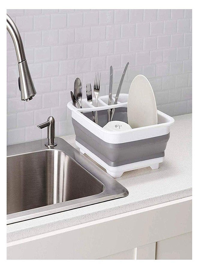 VENIVA Collapsible Dish Drying Rack with Utensil Holder, Foldable Tray Organiser, Grey and White, 36.5 x 31 x 12.5 cm - Image 1