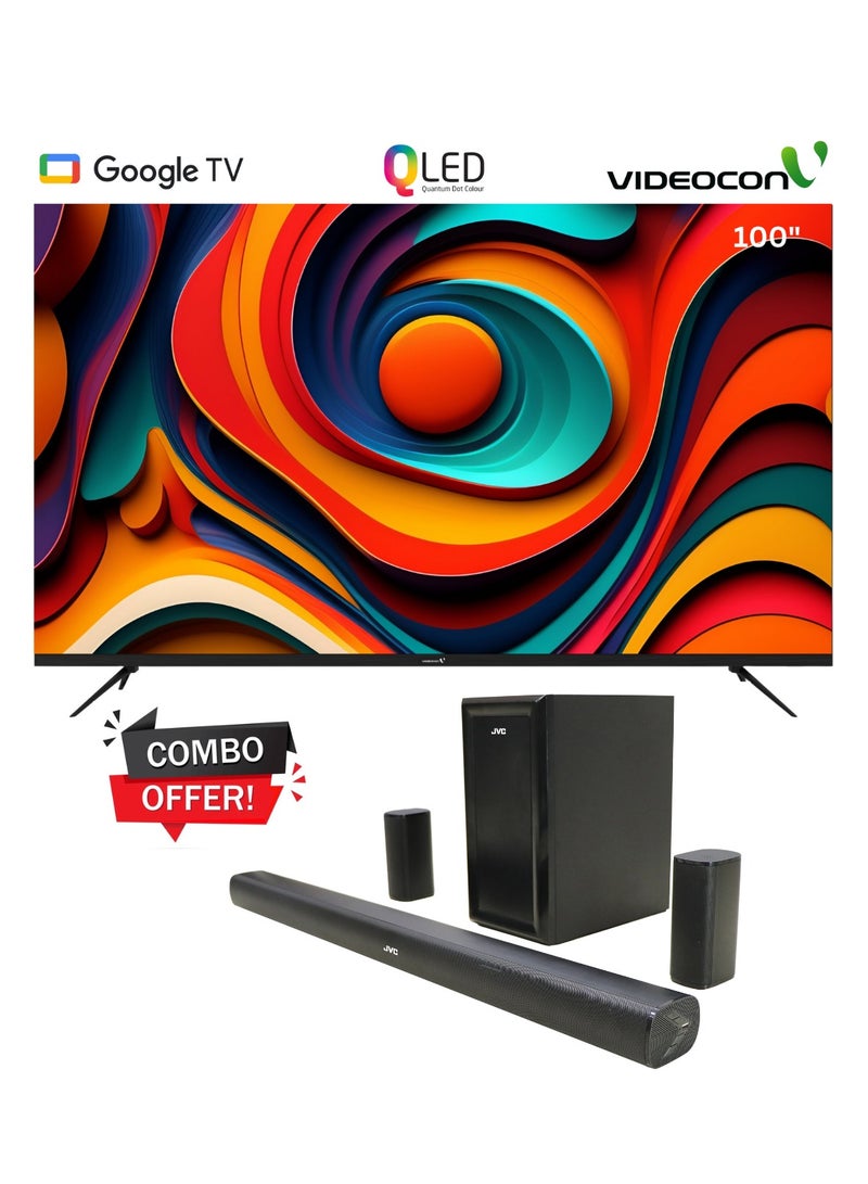 VIDEOCON 100 Inch Edgeless QLED 4K UHD Google TV Smart TV + 5.1CH Soundbar With Wireless Subwoofer Home Theatre E100QLGT1100+TH-N430B Black - Image 1
