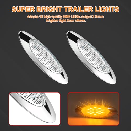 Wodvyss 10pcs 6.5" LED Amber Marker Lights, Oval Amber 16LED Side Marker Clearance Lights with Chrome Bezel Replacement for Truck Peterbilt Kenworth Freightliner,Clear Lens - Image 3