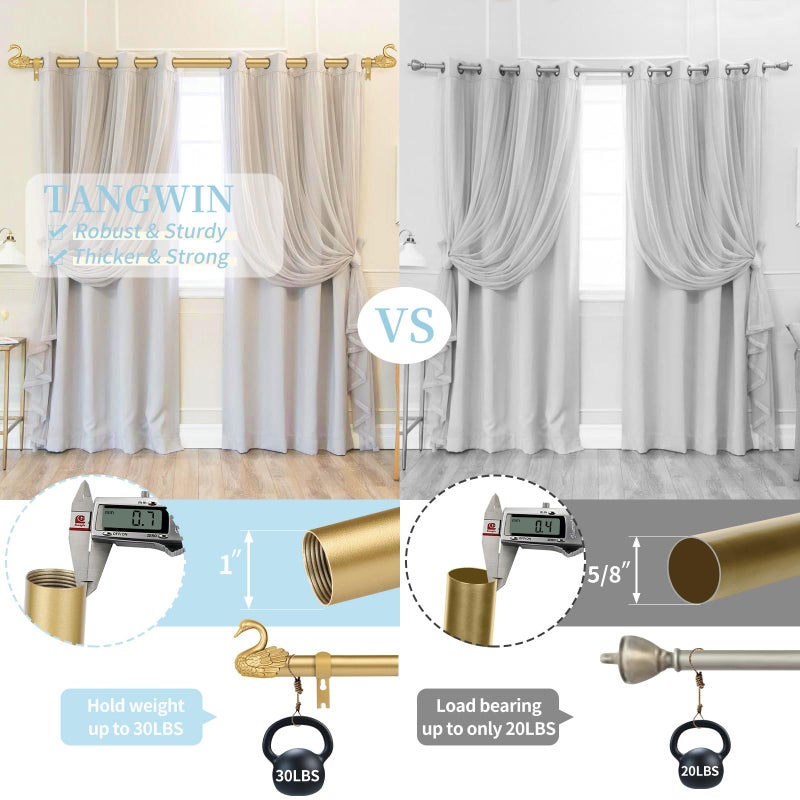 TANGWIN Gold Farmhouse Curtain Rods for Windows:18-45 Inch Adjustable Curtain Rod for Bedroom Living Room,Heavy Duty Decorative Rustic Drapery Rods with Vintage Swan Finials Easy Install,Brass Gold - Image 3