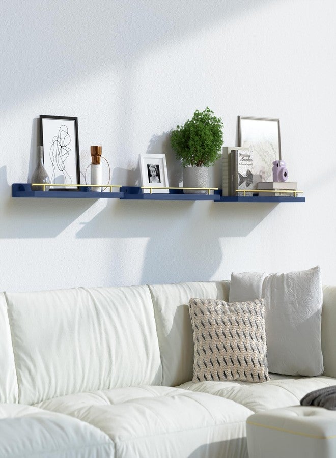 WOPITUES Floating Shelves with Gold Metal Guardrail, Shelves for Wall Decor Set of 3, Wall Shelves for Bedroom, Bathroom, Kitchen, Living Room, Plants, Picture Frames, Art- Gold in Navy Blue - Image 5