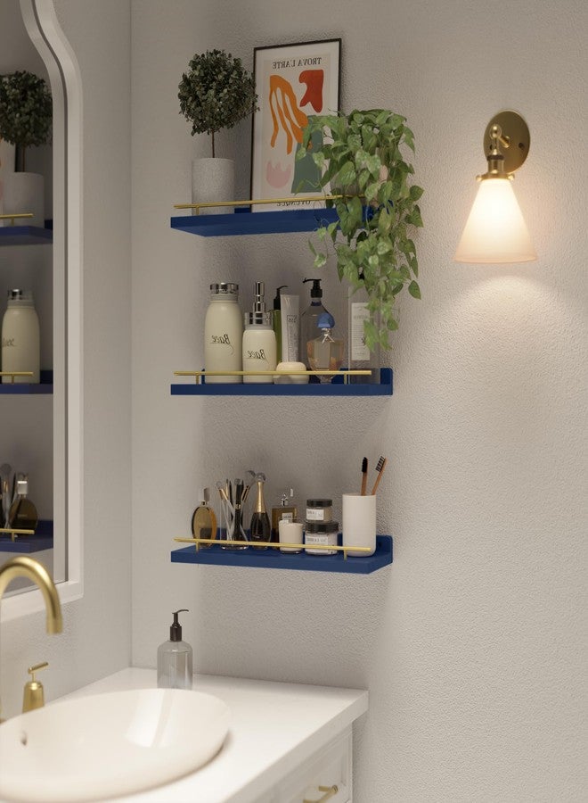 WOPITUES Floating Shelves with Gold Metal Guardrail, Shelves for Wall Decor Set of 3, Wall Shelves for Bedroom, Bathroom, Kitchen, Living Room, Plants, Picture Frames, Art- Gold in Navy Blue - Image 4