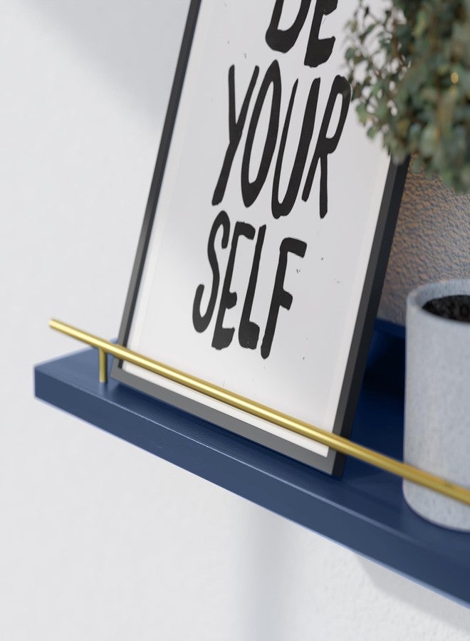 WOPITUES Floating Shelves with Gold Metal Guardrail, Shelves for Wall Decor Set of 3, Wall Shelves for Bedroom, Bathroom, Kitchen, Living Room, Plants, Picture Frames, Art- Gold in Navy Blue - Image 2