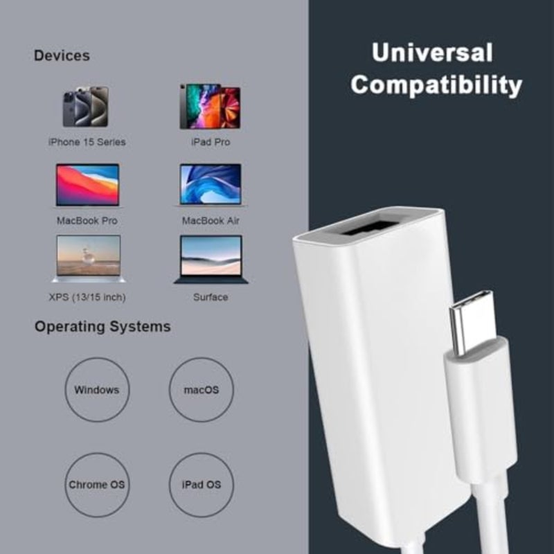 USB C to Ethernet Adapter, Driver Free Type C to RJ45 Network LAN Converter, Compatible with Macbook/Surface/Laptop/iPhone/iPad, Supports 100Mbps High Speed, Plug and Play - Image 2