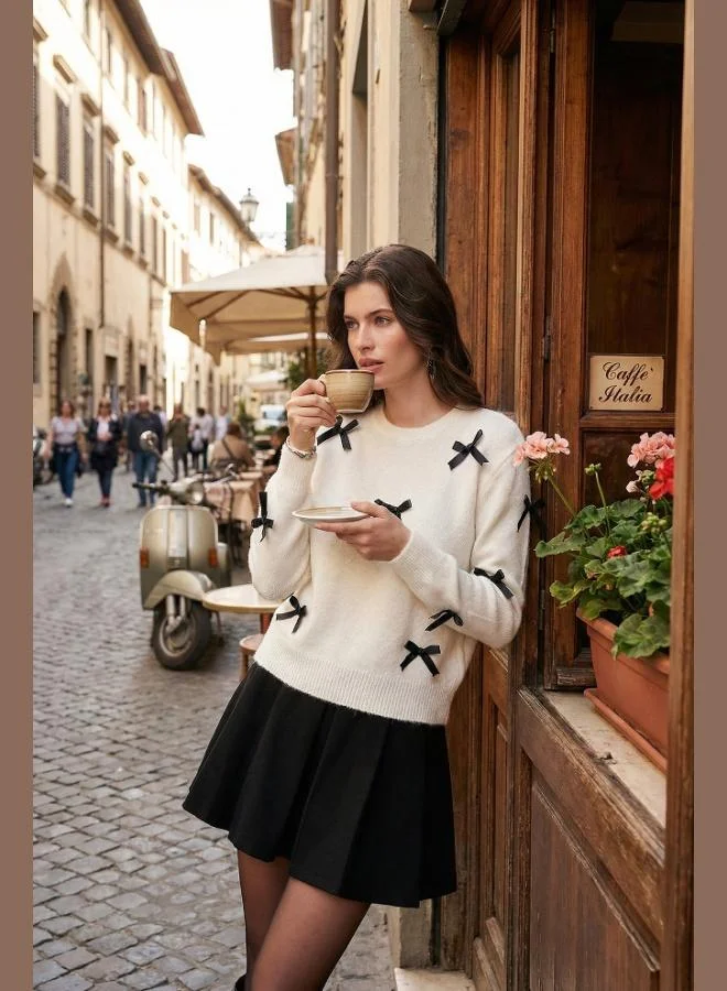 Lela Lela Premium Regular Fit Crew Neck Bow Detailed Knitwear Sweater Women's SWEATER 680KZ00155