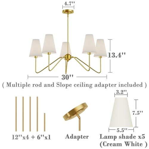 Electro bp;30" Dia 5-Arm Classic Chandeliers Polished Gold with White Linen Shades,Ceiling Light Fixture for Dining Room,Living Room,Entryway,E12,200W - Image 4