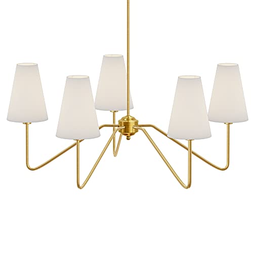 Electro bp;30" Dia 5-Arm Classic Chandeliers Polished Gold with White Linen Shades,Ceiling Light Fixture for Dining Room,Living Room,Entryway,E12,200W - Image 1