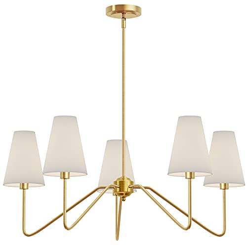 Electro bp;30" Dia 5-Arm Classic Chandeliers Polished Gold with White Linen Shades,Ceiling Light Fixture for Dining Room,Living Room,Entryway,E12,200W - Image 2