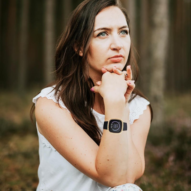 Protective Watch Case Cover Compatible with Fitbit 3/Sense, Gold Electroplated Shockproof Shell with Single Row Rhinestones, Full-Body Smartwatch Frame Accessory for Daily Wear - Image 5