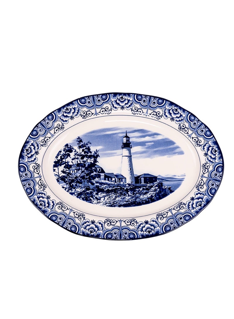 Claytan Lighthouse Blue 14.2-Inch Ceramic Oval Platter - Image 1