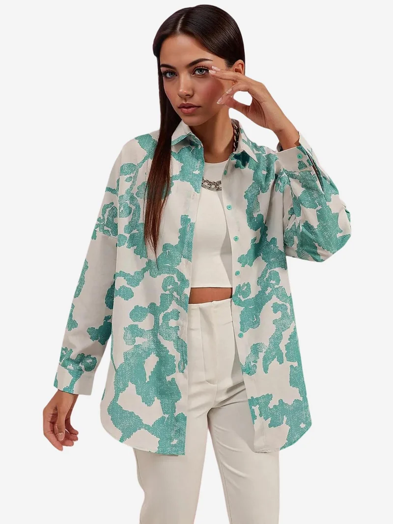 Big Dart Green BDART Oversized Patterned Poplin Shirt With Button Closure for Women | Best Price UAE