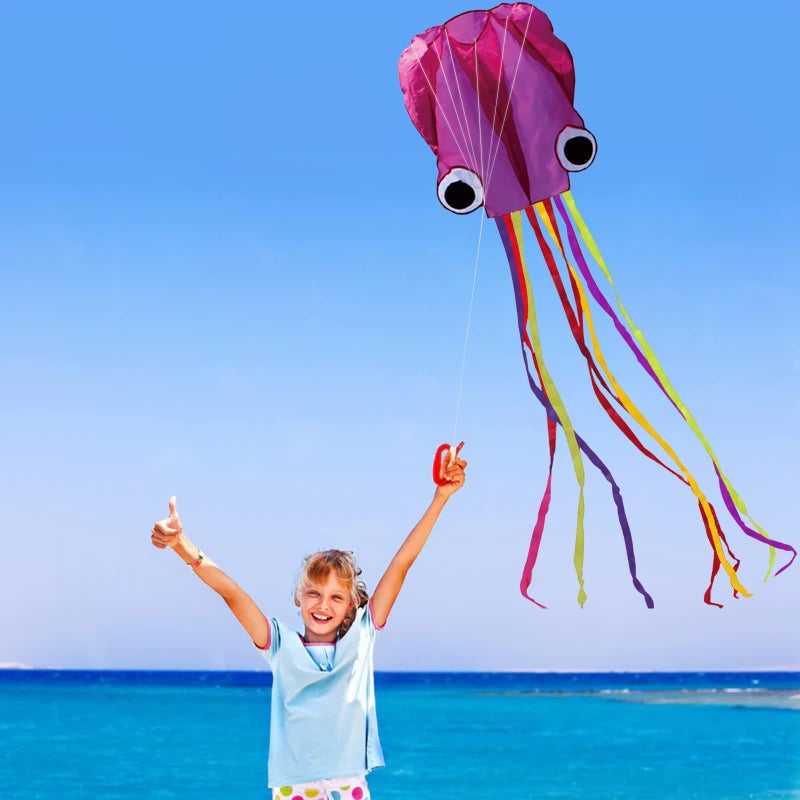 Hengda Kite طائرة هينغدا كايت البرمجية - طائرة الأخطبوط مع ذيل ملون طويل للأطفال، بعرض 31 بوصة وطول 157 بوصة، كبيرة، بنفسجي - Image 4