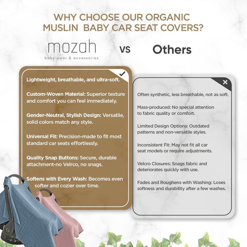 MOZAH غطاء مقعد سيارة للأطفال MOZAH - أخضر روماني - 100% موسلين عضوي - ناعم وقابل للتنفس وخفيف الوزن، أساسيات مقعد السيارة للأطفال الرضع - Image 4