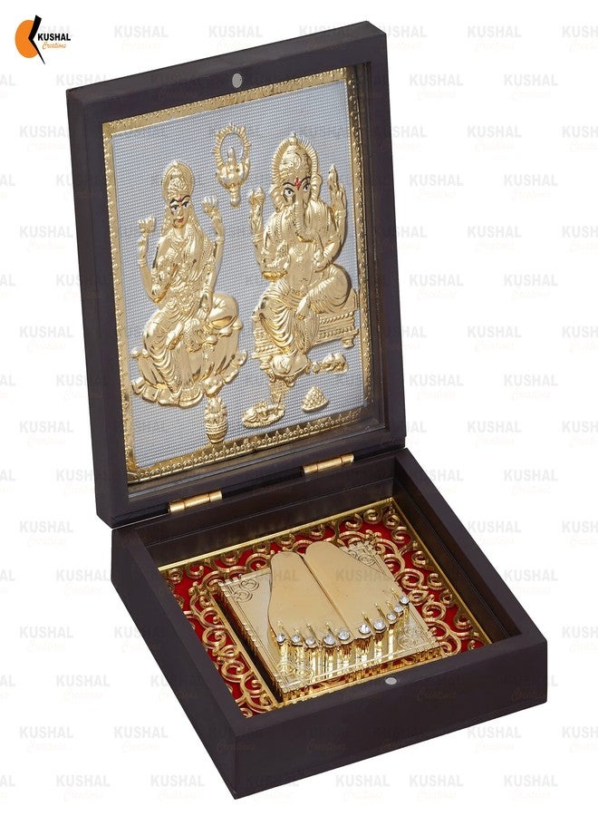 KUSHAL CREATION 24K Gold Plated Laxmi Ganesha Photo Frame Charan Paduka Square Crystal Diya Return Gifts for Home Puja Ganesh Frame for Office - Image 2