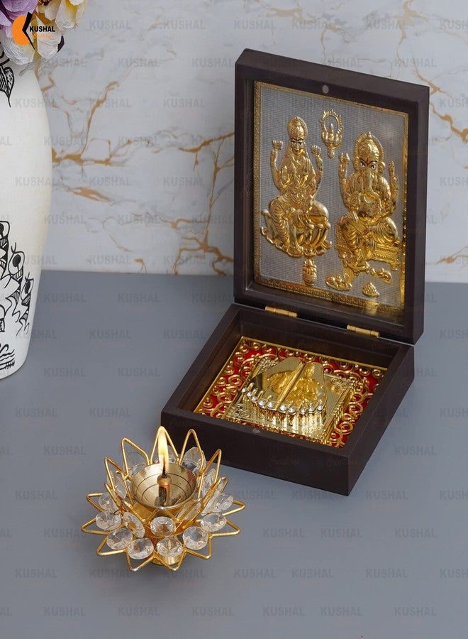 KUSHAL CREATION 24K Gold Plated Laxmi Ganesha Photo Frame Charan Paduka Square Crystal Diya Return Gifts for Home Puja Ganesh Frame for Office - Image 1