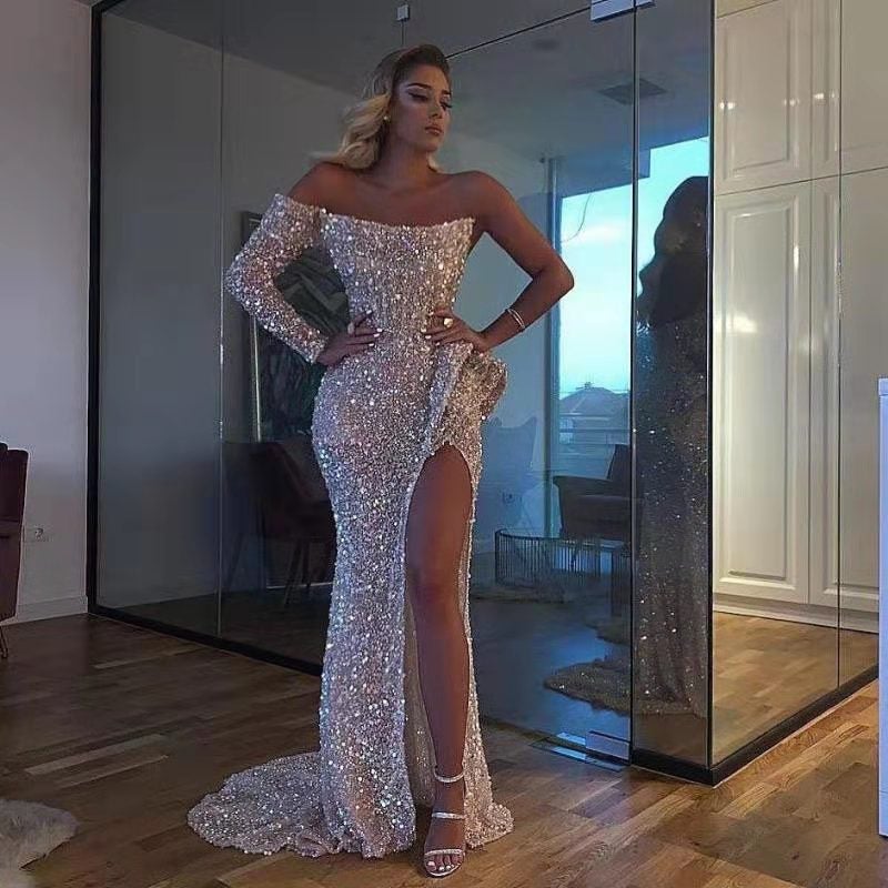 Sexy One-Shoulder Floor-Length Sequin Evening Gown Dress - Image 2