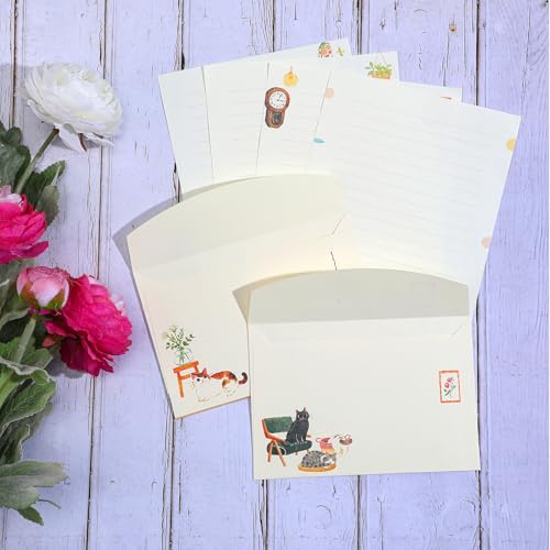 Heclia Writing Paper and Envelopes Set, 36pcs Vintage Fresh Cute Cat Letter Stationery Set, Letter Writing Paper for Invitations, Decorations Holiday Party, 24 Lined Stationery Cards with 12 Envelops - Image 4