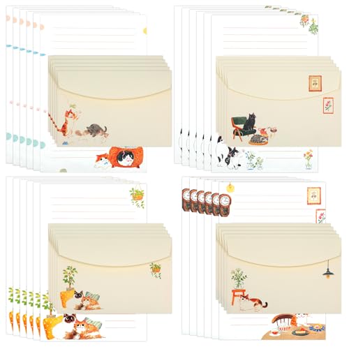 Heclia Writing Paper and Envelopes Set, 36pcs Vintage Fresh Cute Cat Letter Stationery Set, Letter Writing Paper for Invitations, Decorations Holiday Party, 24 Lined Stationery Cards with 12 Envelops - Image 1