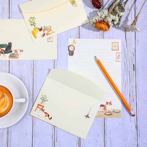 Heclia Writing Paper and Envelopes Set, 36pcs Vintage Fresh Cute Cat Letter Stationery Set, Letter Writing Paper for Invitations, Decorations Holiday Party, 24 Lined Stationery Cards with 12 Envelops - Image 3