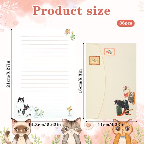 Heclia Writing Paper and Envelopes Set, 36pcs Vintage Fresh Cute Cat Letter Stationery Set, Letter Writing Paper for Invitations, Decorations Holiday Party, 24 Lined Stationery Cards with 12 Envelops - Image 2