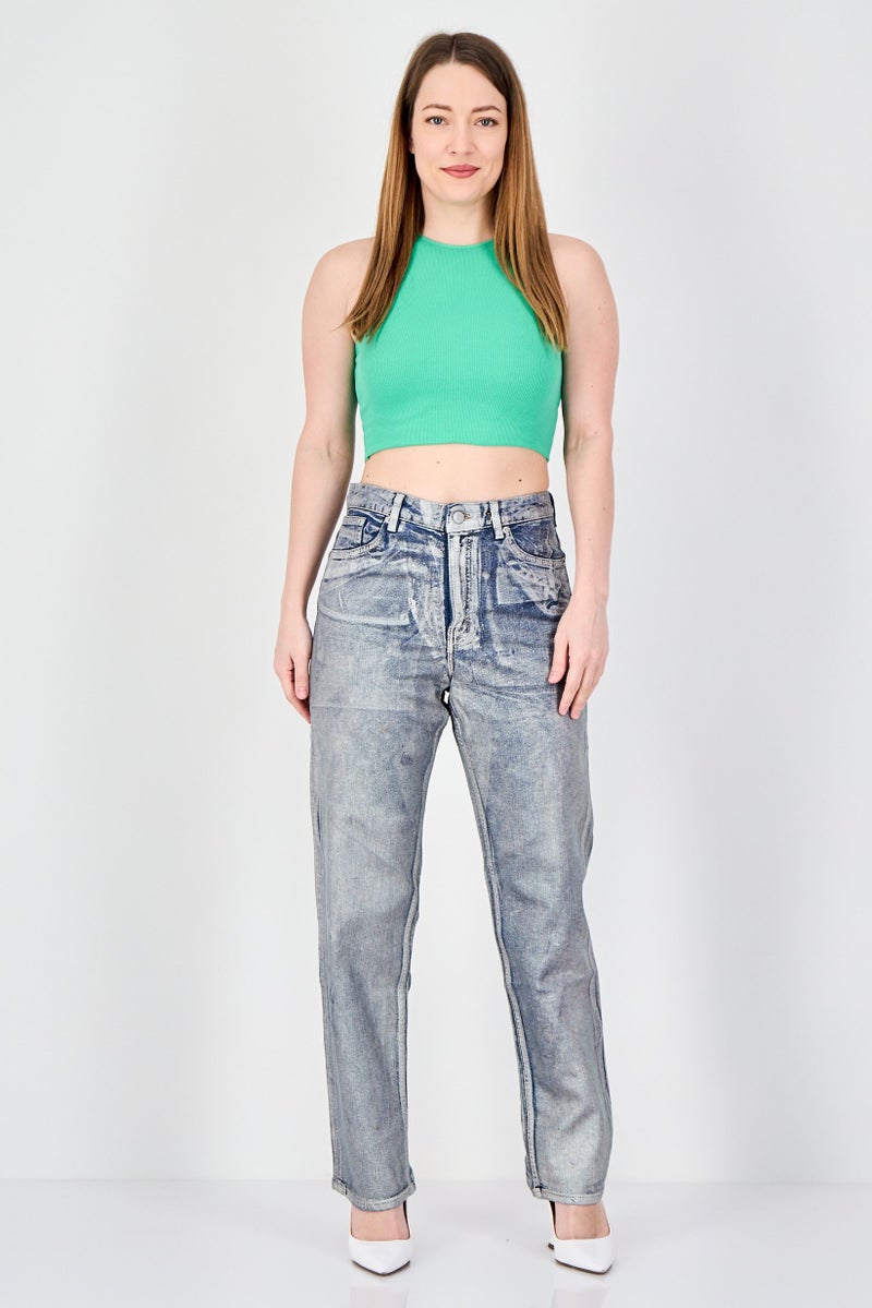 MONKI Women Straight Leg Fit Metallic Non Stretchable Jeans, Blue - Image 2