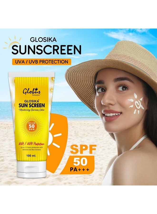 Globus Remedies Glosika Sunscreen Lotion Spf 50 Pa+++ Up To 12Hrs Protection With Almond & Rose Extract (Pack Of 1) - Image 3