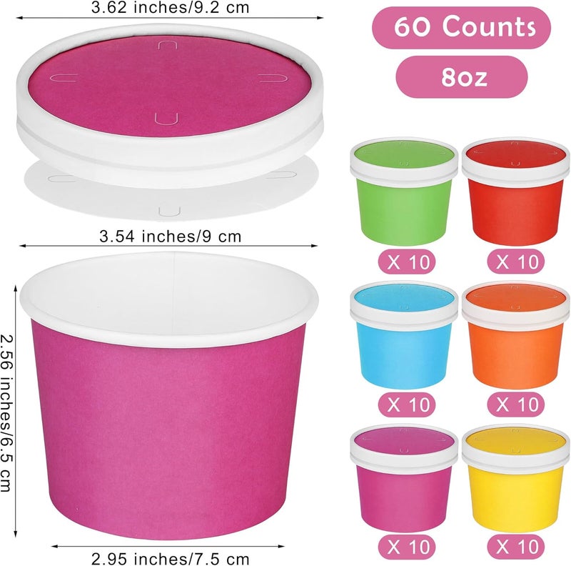 Aodaer 60 Pack 8 Ounces Ice Cream Paper Cups with Lids Disposable Paper Dessert Bowls Ice Cream Containers Sundae Snack Party Supplies Treat Soup Cups for Camping, Trips, Picnics, and Events - Image 2
