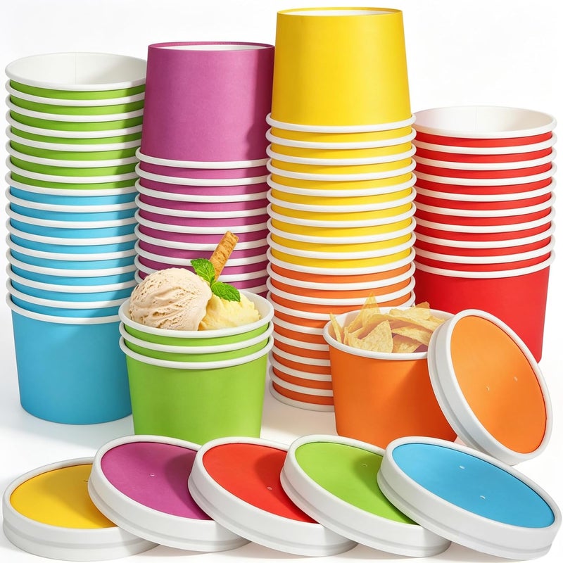 Aodaer 60 Pack 8 Ounces Ice Cream Paper Cups with Lids Disposable Paper Dessert Bowls Ice Cream Containers Sundae Snack Party Supplies Treat Soup Cups for Camping, Trips, Picnics, and Events - Image 1