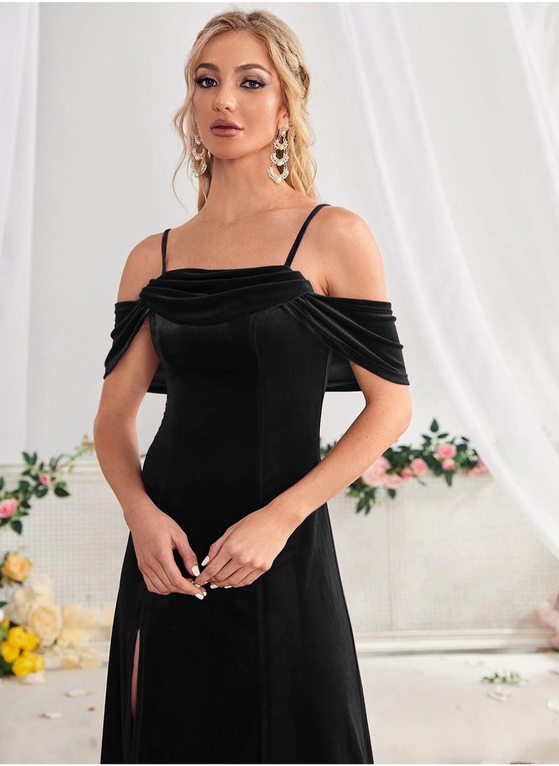 roaiss - Women Evening Party Suspender Dress Off Shoulder Strap Design and High Side Slit  Mid-Rise Detail on the Hem for a Stylish and Elegant Look Waist Cinching Design to Highlight Body Curves Women Mid Length  Short Sleeve Dress - Image 1