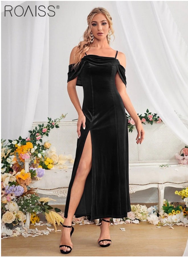 roaiss - Women Evening Party Suspender Dress Off Shoulder Strap Design and High Side Slit  Mid-Rise Detail on the Hem for a Stylish and Elegant Look Waist Cinching Design to Highlight Body Curves Women Mid Length  Short Sleeve Dress - Image 1
