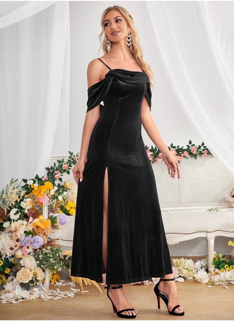 roaiss - Women Evening Party Suspender Dress Off Shoulder Strap Design and High Side Slit  Mid-Rise Detail on the Hem for a Stylish and Elegant Look Waist Cinching Design to Highlight Body Curves Women Mid Length  Short Sleeve Dress - Image 1